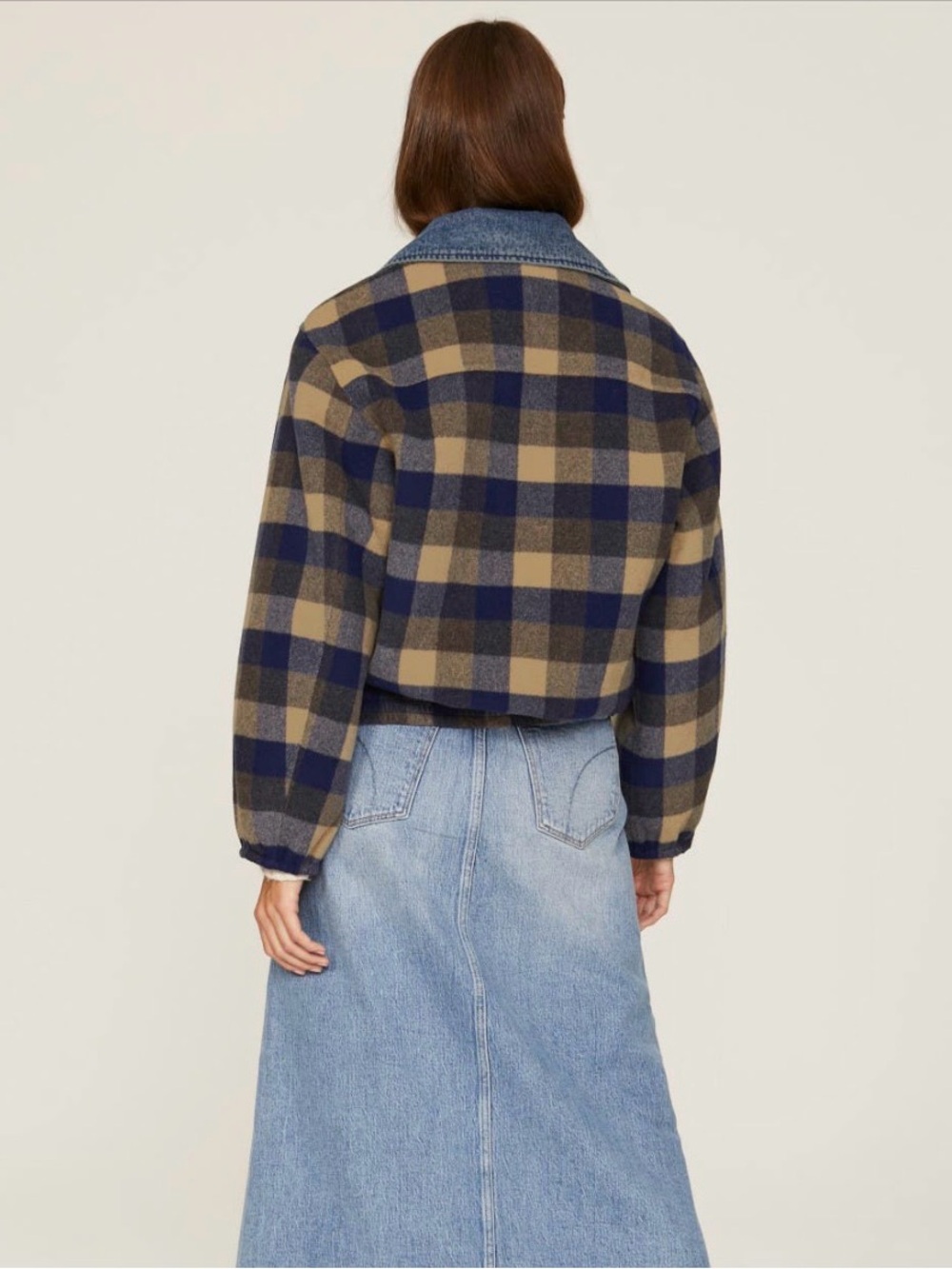 Sandro Jacket Warren Denim Blue Canel Plaid Contrast Collar Button Front Sz 36 - Picture 4 of 6